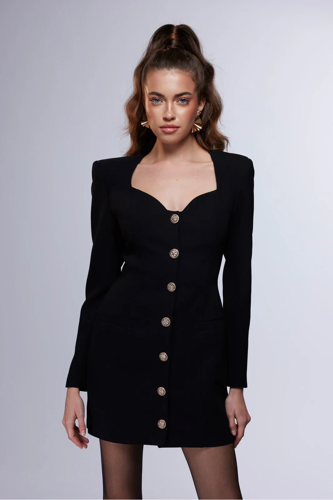 Misole-La Reine Dorée Altın Düğme Detaylı Mini Elbise-Dress-1-Milagron.com