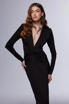 Misole-L'artiste Derin V Yaka Büzgü Detaylı Elbise-Dress-1-Milagron.com