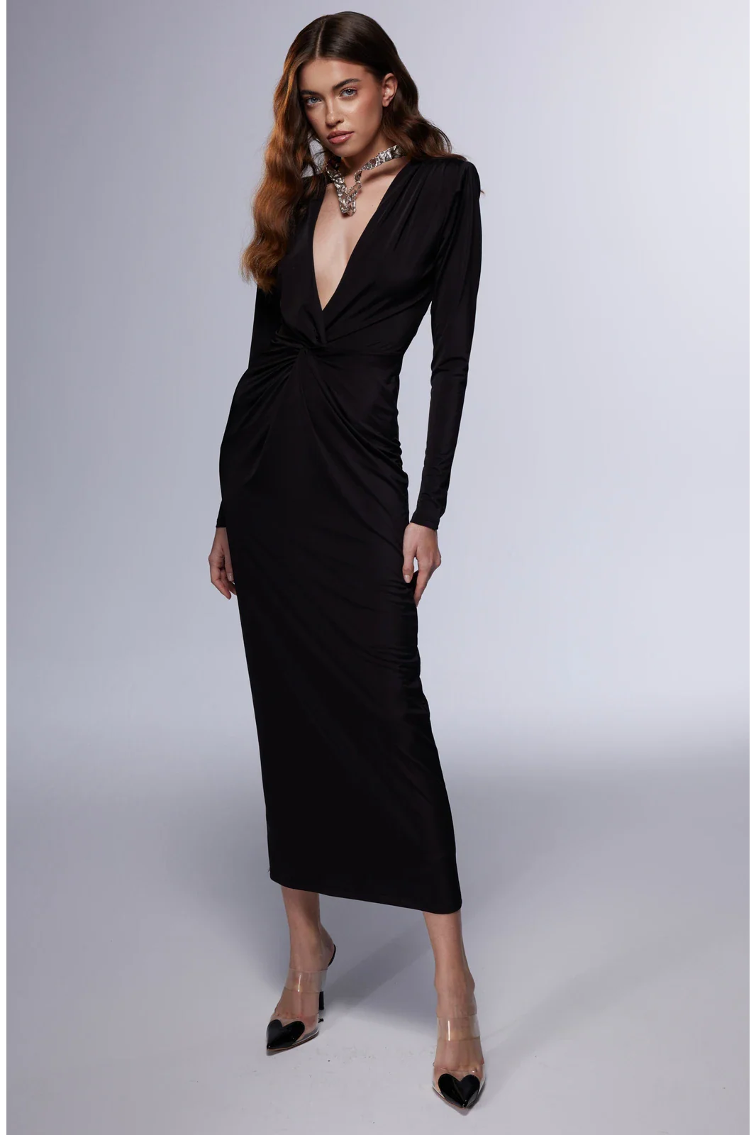 Misole-L'artiste Derin V Yaka Büzgü Detaylı Elbise-Dress-2-Milagron.com