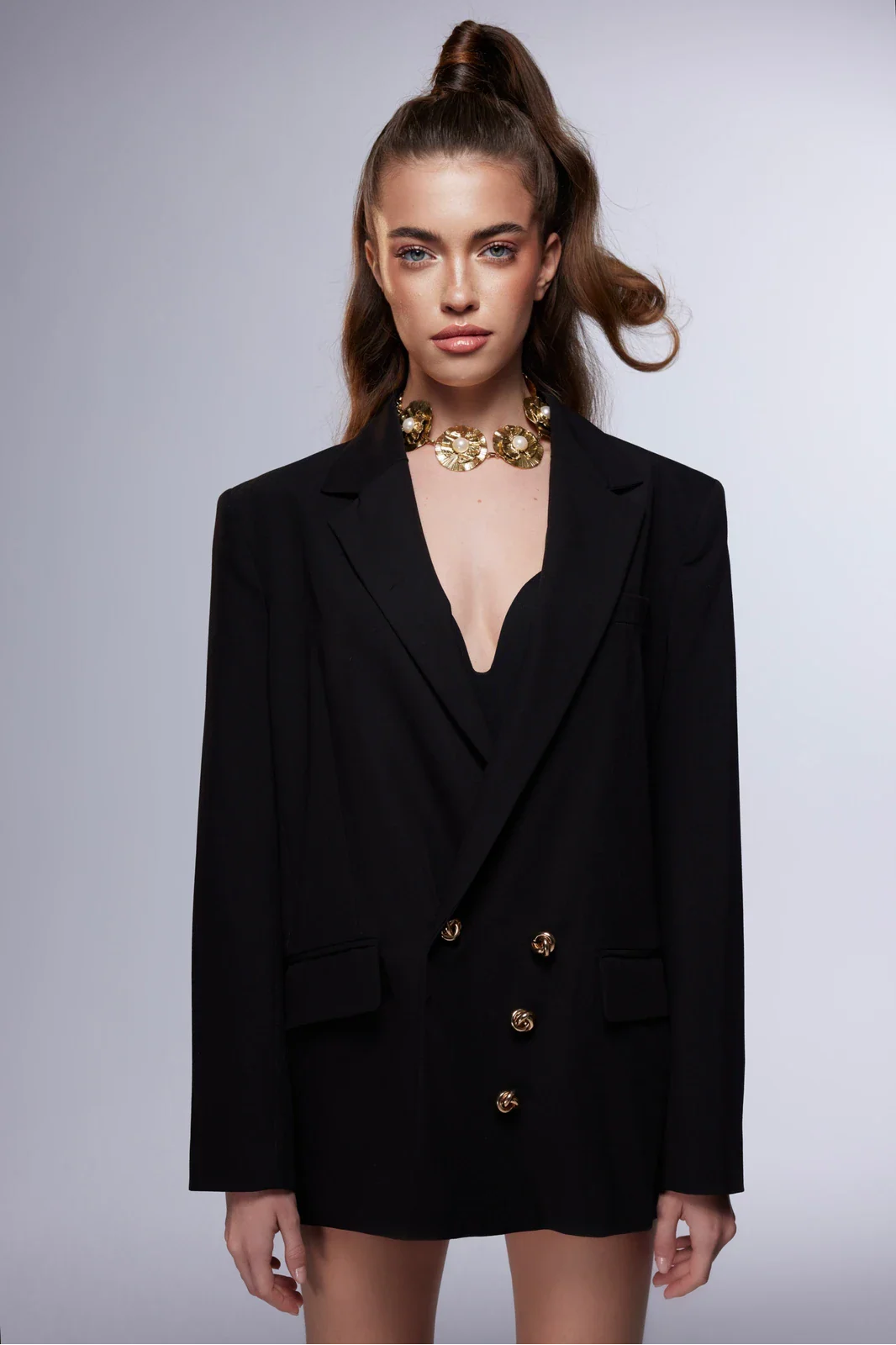 Misole-Le Maître Doré Oversize Altın Düğmeli Ceket Elbise-Jacket-1-Milagron.com