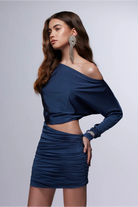 Misole-L'étoile Mystique Drapeli Asimetrik Mini Elbise-Dress-1-Milagron.com