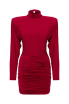 Misole-Mystérieuse Nuit Burgundy Drapeli Yüksek Yaka Mini Elbise-Dress-1-Milagron.com