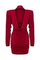 Misole-Mystérieuse Nuit Burgundy Drapeli Yüksek Yaka Mini Elbise-Dress-2-Milagron.com