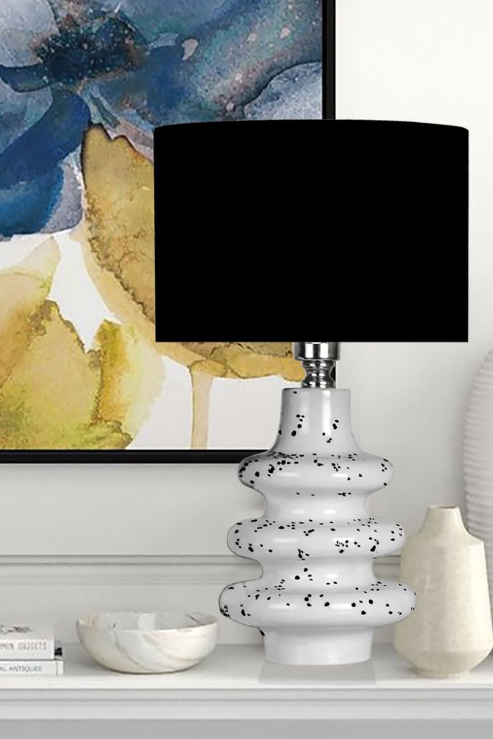 Moena Studio-Atlanta Beyaz Üzeri Siyah Benekli Seramik Abajur – Siyah Başlık-Abajur-2-Milagron.com