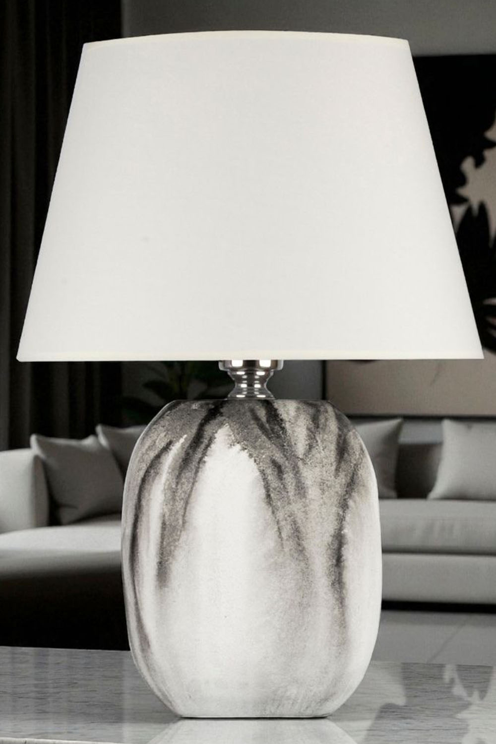 Moena Studio-Beyaz/Siyah Batik Desen Adrien Seramik Abajur - Krem Başlık-Abajur-3-Milagron.com