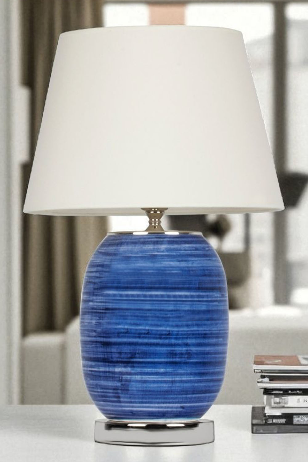 Moena Studio-Dekoratif Mavi Çizgili Haiti Seramik Abajur – Krem Başlık-Abajur-2-Milagron.com