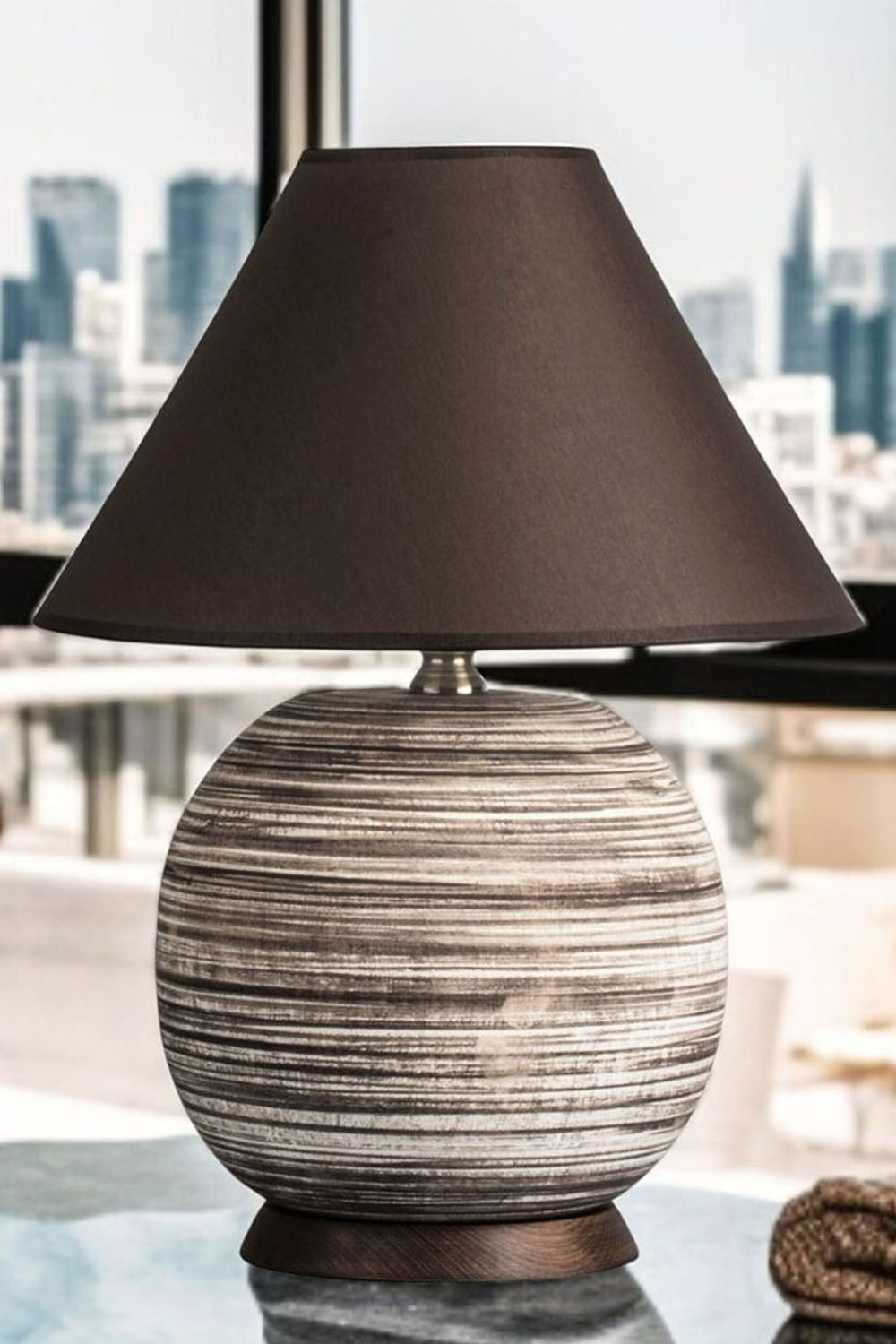 Moena Studio-Kahire Serisi Kahve Tonlarında Çizgili Seramik Abajur Kahve Başlık-Abajur-2-Milagron.com