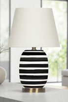 Moena Studio-Siyah Beyaz Çizgili Madrıd Seramik Masa Lambası – Krem Başlık-Abajur-4-Milagron.com