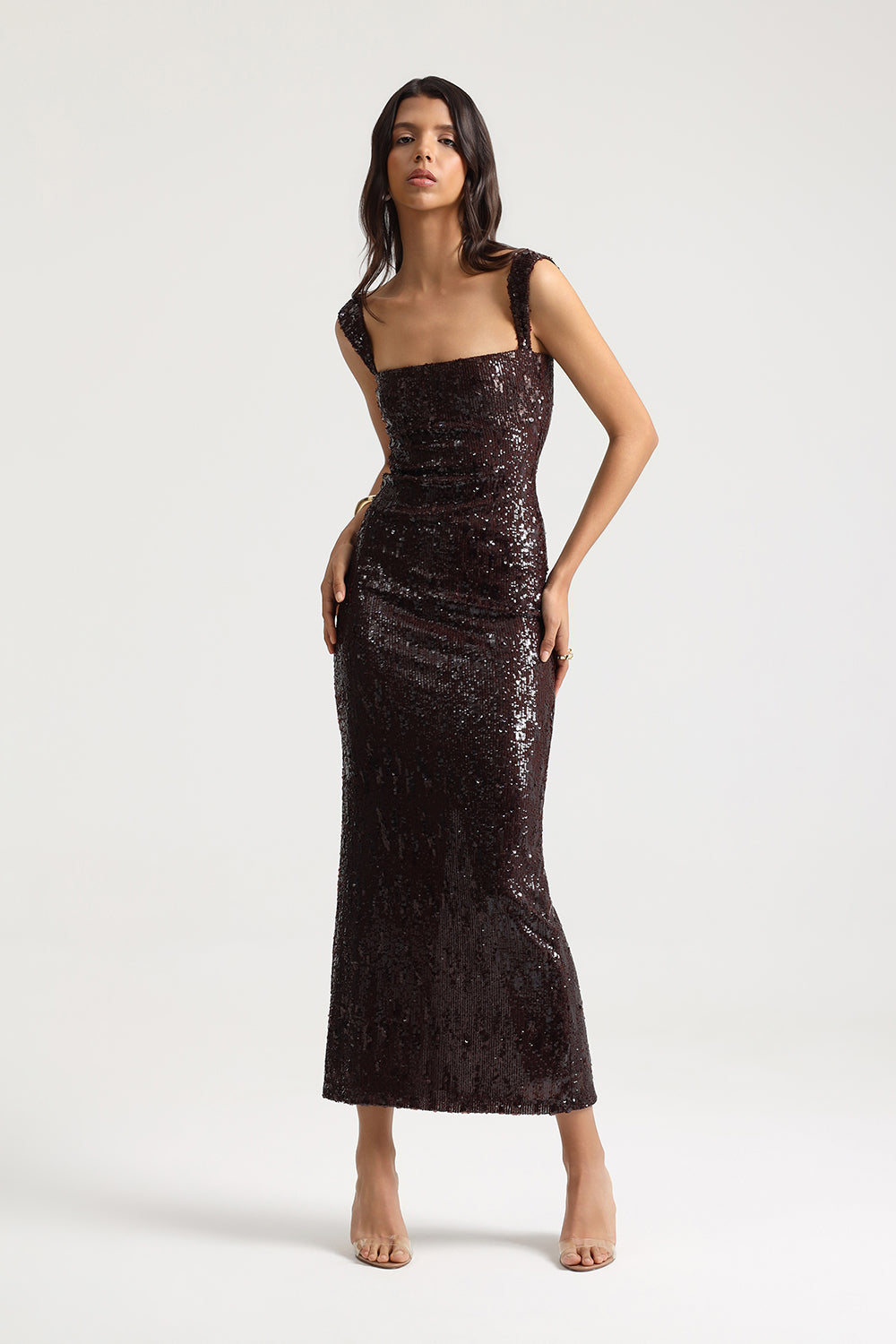 Celina Kahverengi Maxi Payet Elbise - 2