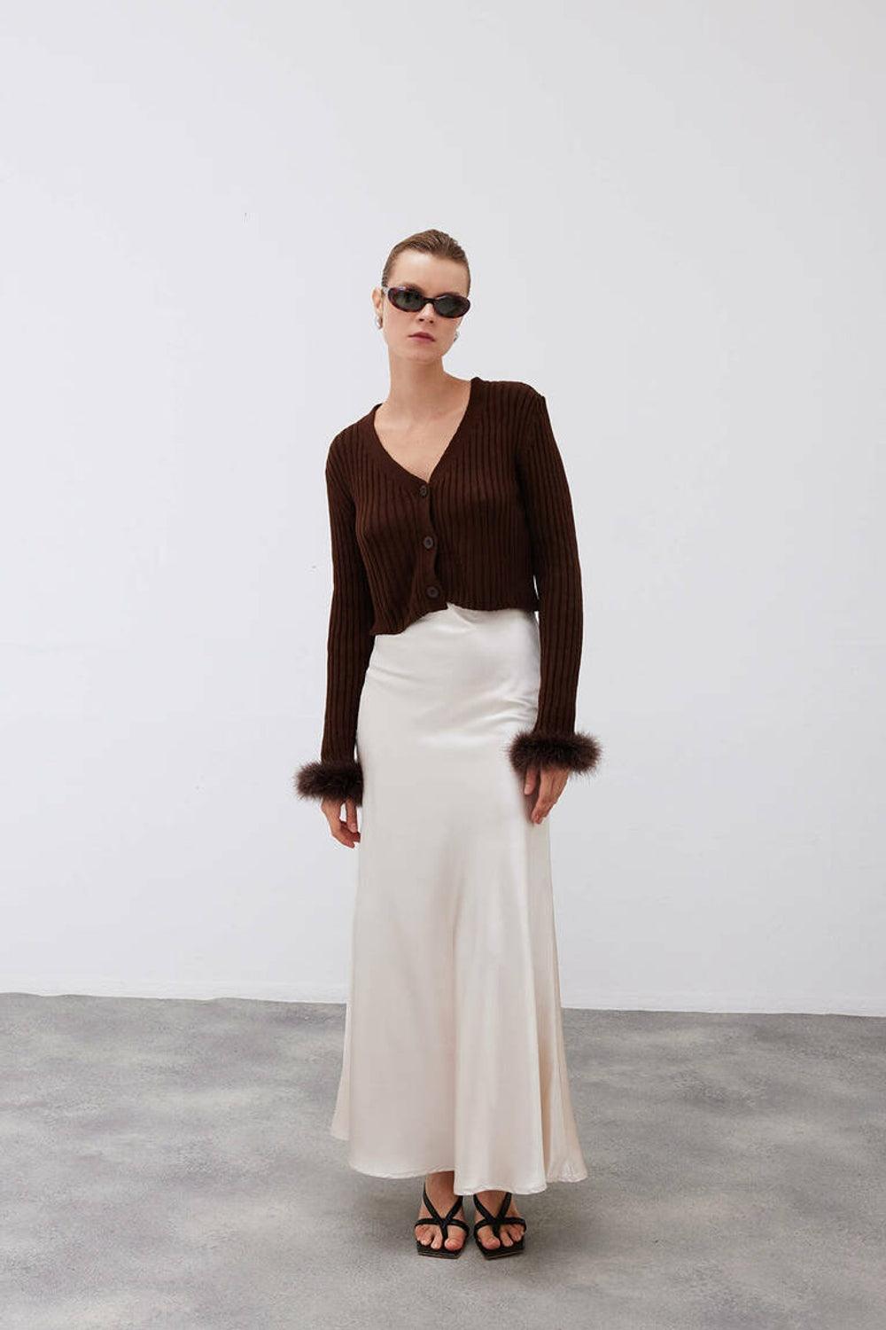 Mozto-Faye Brown Feathered Cardigan-Kazak & Triko-1-Milagron.com