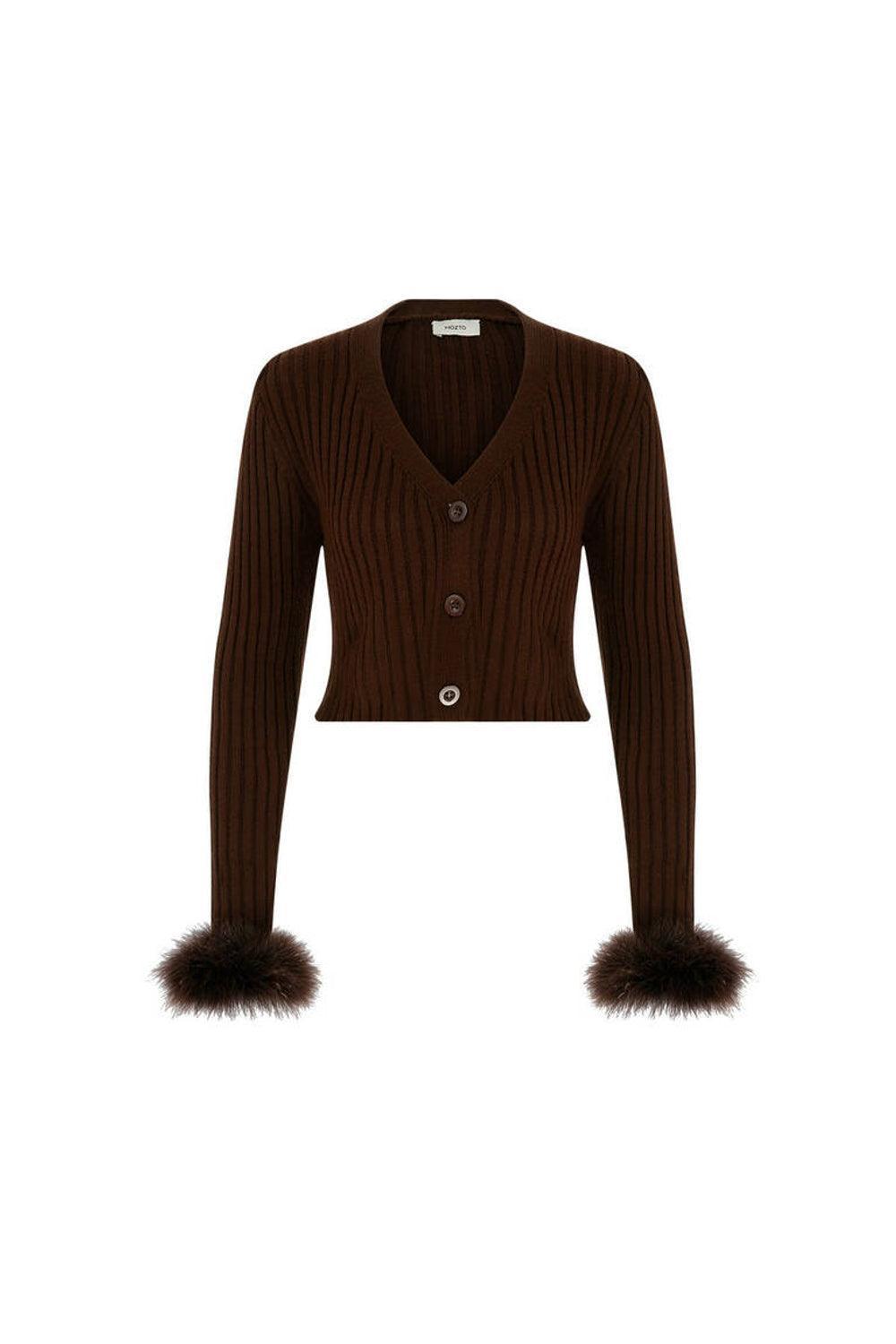 Mozto-Faye Brown Feathered Cardigan-Kazak & Triko-5-Milagron.com