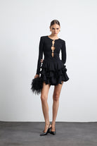 Julisse Siyah Uzun Kollu Misinalı Mini Elbise - 0