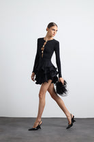 Julisse Siyah Uzun Kollu Misinalı Mini Elbise - 1