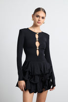 Julisse Siyah Uzun Kollu Misinalı Mini Elbise - 3