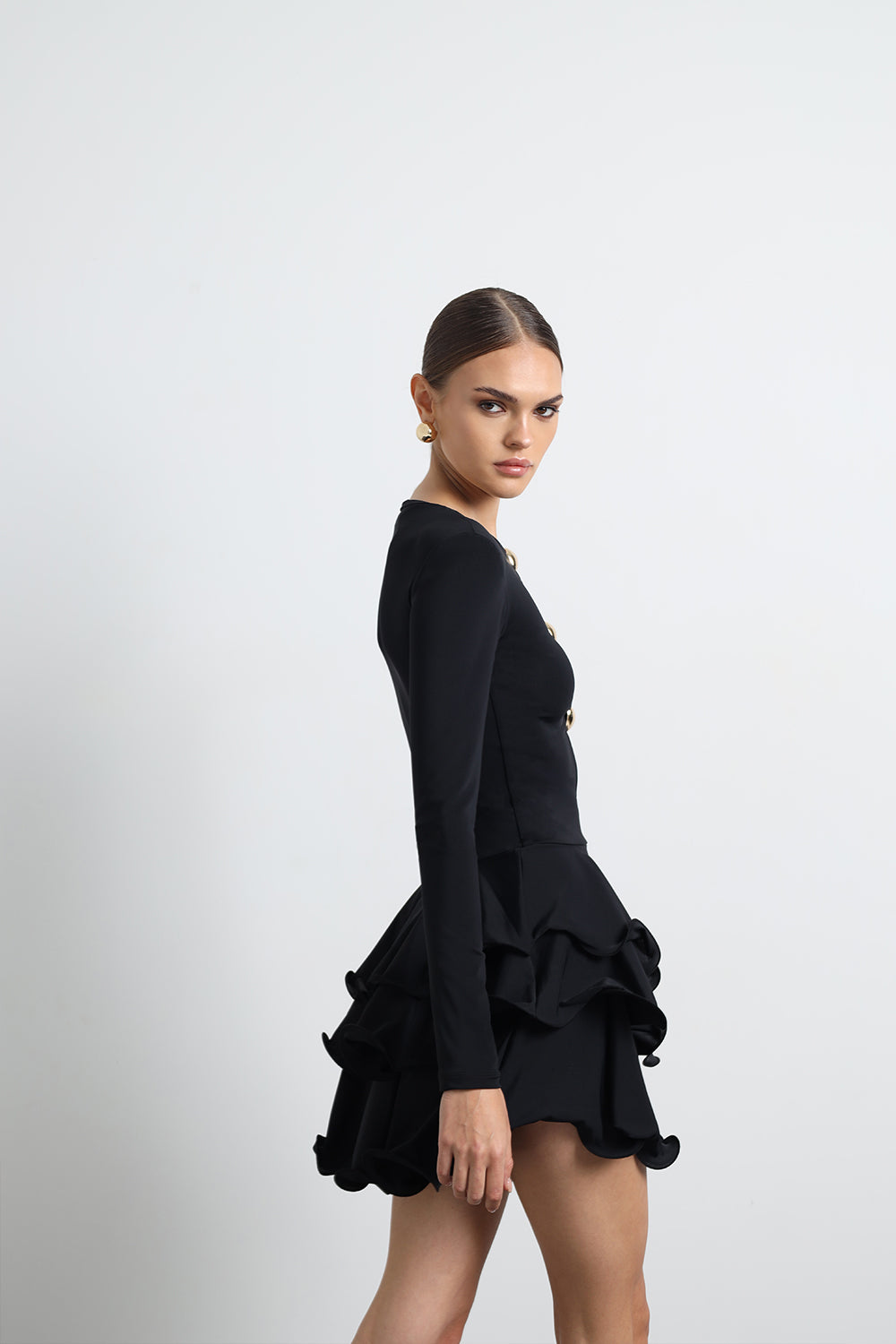 Julisse Siyah Uzun Kollu Misinalı Mini Elbise - 5