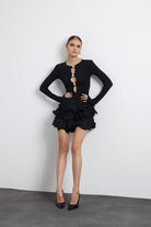 Julisse Siyah Uzun Kollu Misinalı Mini Elbise - 6