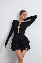 Julisse Siyah Uzun Kollu Misinalı Mini Elbise - 7