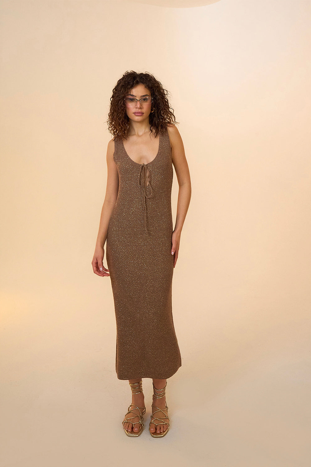 Mozto-Noor Brown Knitted Midi Dress-Elbise-1-Milagron.com