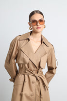 Savrin Camel Kuşaklı Apoletli Maxi Trençkot - 5