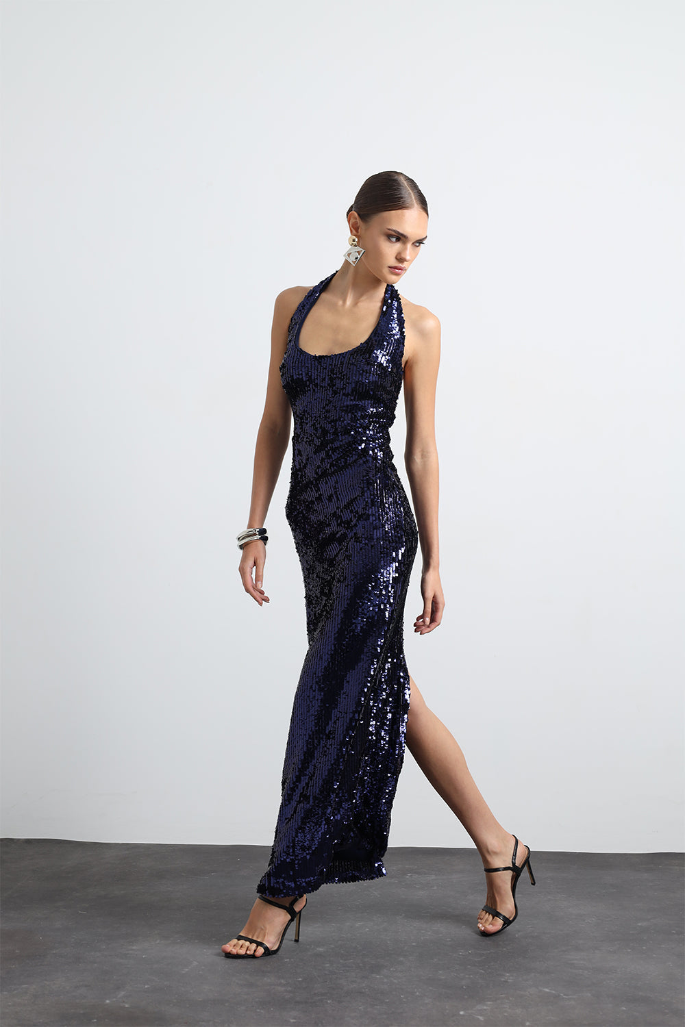 Valline Kalın Askılı Payet Lacivert Maxi Elbise - 0