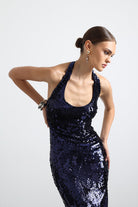 Valline Kalın Askılı Payet Lacivert Maxi Elbise - 2