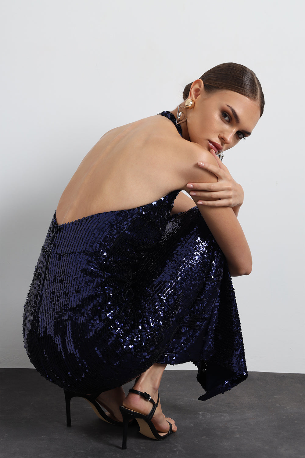 Valline Kalın Askılı Payet Lacivert Maxi Elbise - 6