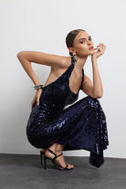 Valline Kalın Askılı Payet Lacivert Maxi Elbise - 7