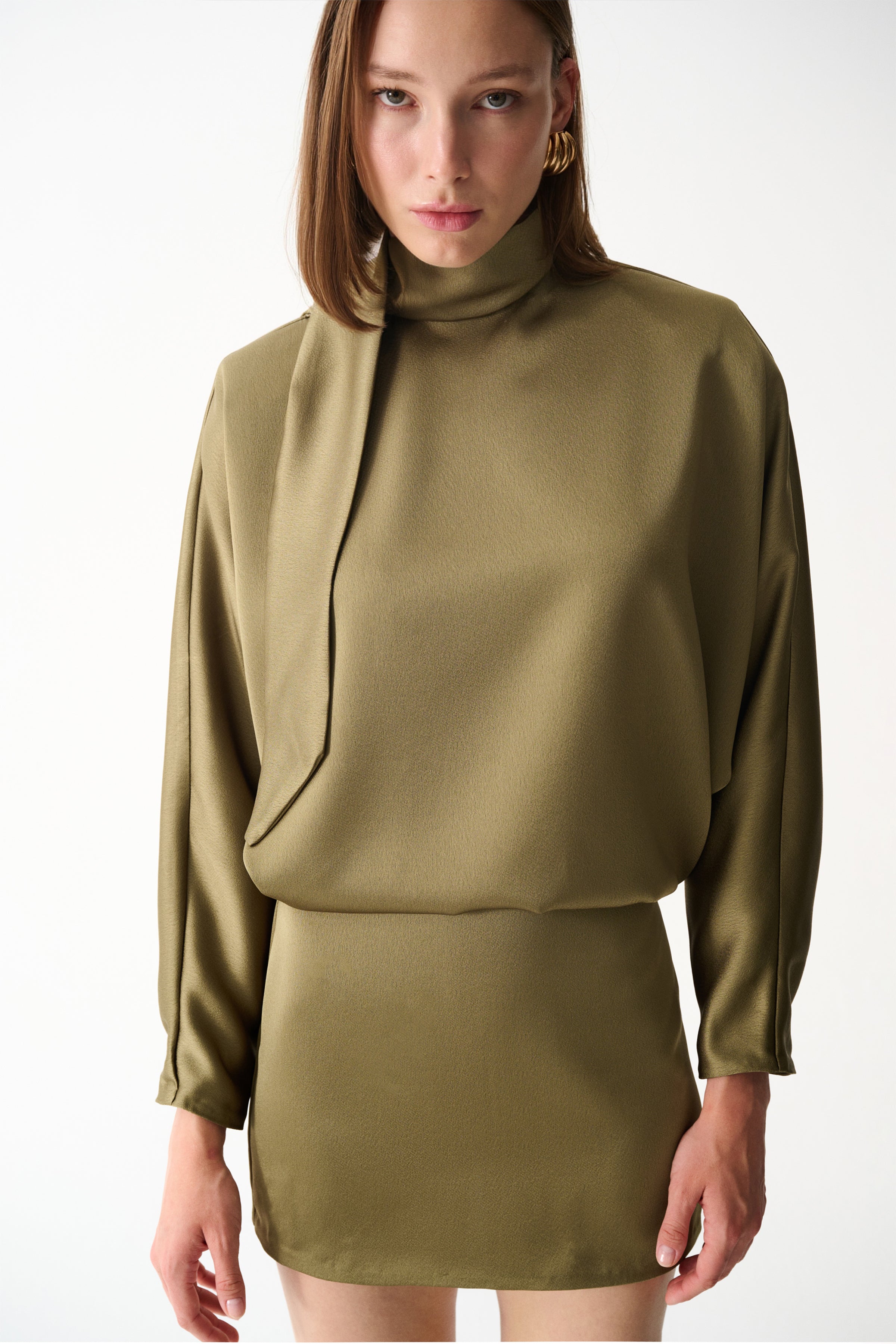 Naia-Amore Saten Elbise / Zeytin Yeşili-Elbise-10-Milagron.com