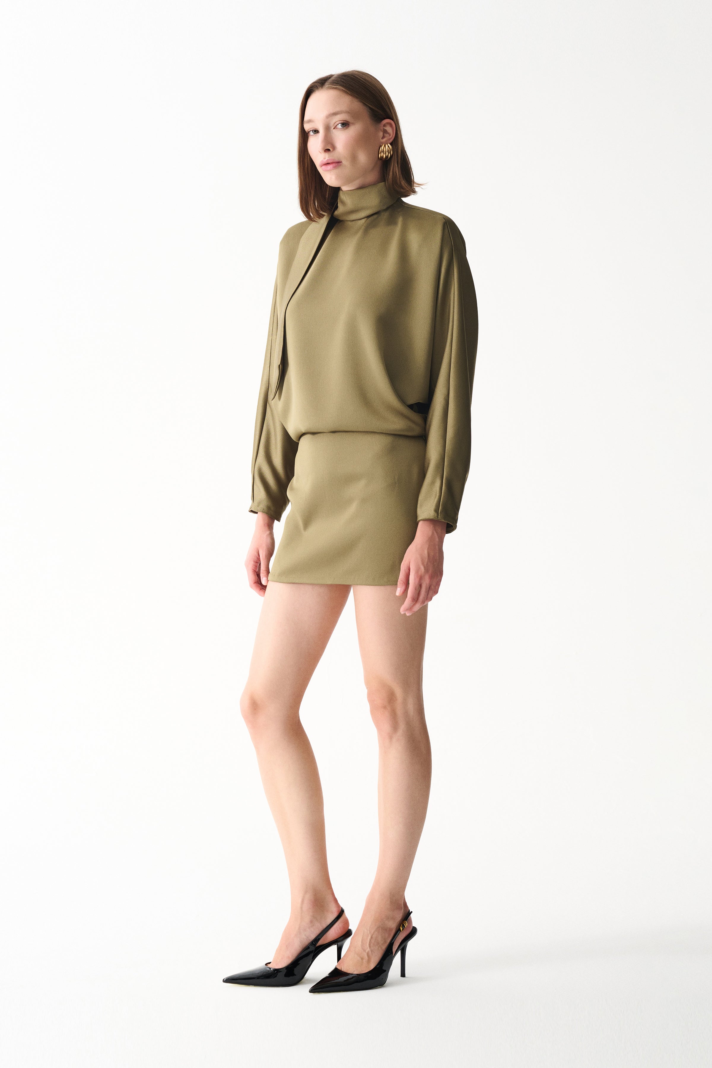 Naia-Amore Saten Elbise / Zeytin Yeşili-Elbise-8-Milagron.com