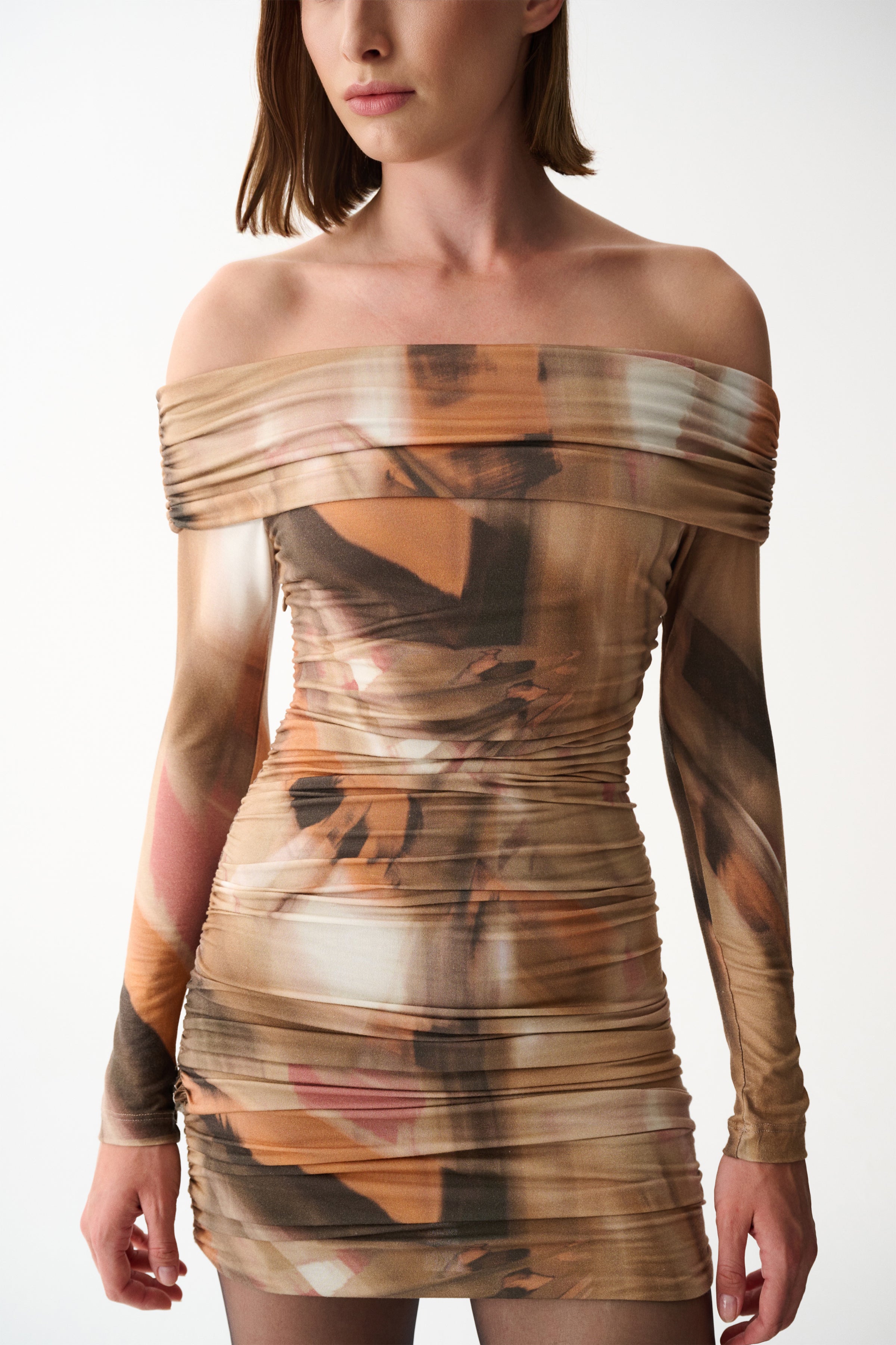 Naia-Marimar Uzun Kollu Elbi̇se / Kahverengi̇ Desenli̇-Elbise-4-Milagron.com