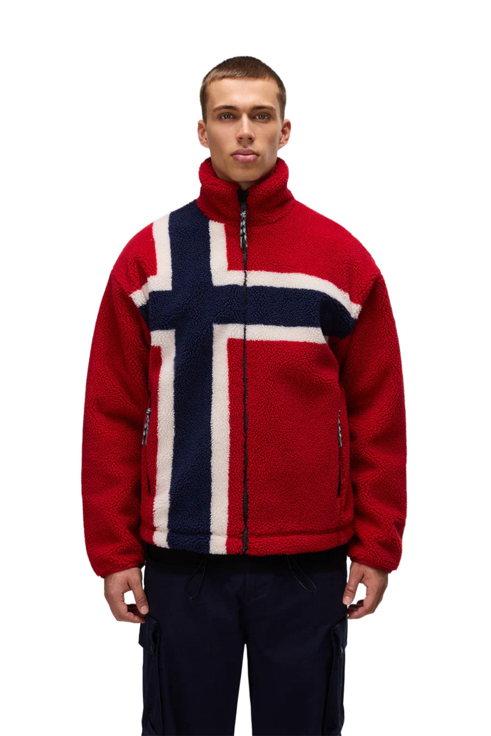 Napapijri-Fiemme Loose Fit Fze Kırmızı Norveç Bayraklı Peluş Mont-Mont-3-Milagron.com