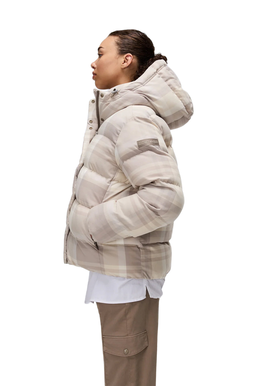 Napapijri-Napapijri ThermoFibre® Glane Check Puffer CORDURA® Jacket Ekoseli Krem Kadın Mont-Mont-10-Milagron.com