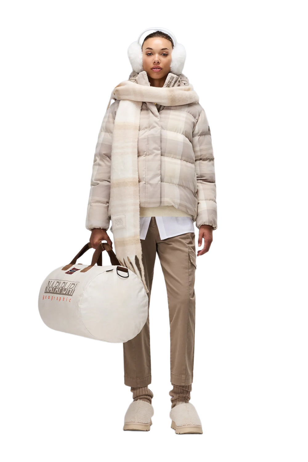 Napapijri-Napapijri ThermoFibre® Glane Check Puffer CORDURA® Jacket Ekoseli Krem Kadın Mont-Mont-8-Milagron.com