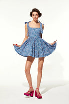 Nazlı Ceren-Audree Çiçek Desenli Mini Koton Elbise Mavi-Elbise-3-Milagron.com