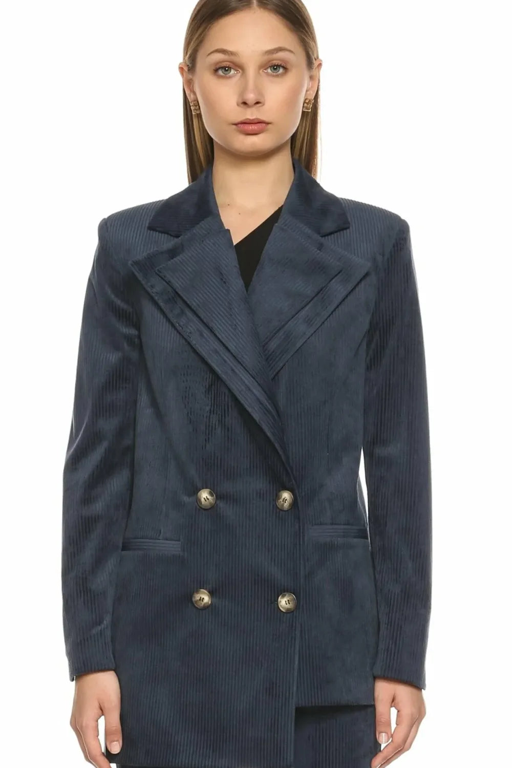 Nazlı Ceren-Bicolle Asimetrik Kadife Ceket Navy Blue-Ceket-2-Milagron.com