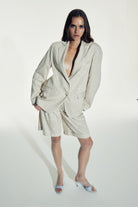 Nazlı Ceren-Boxy Oversize çizgili Keten Blazer Walnut-Ceket-7-Milagron.com