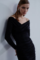 Nazlı Ceren-Jilou Drapeli Jarse Midi Elbise Noire-Elbise-2-Milagron.com