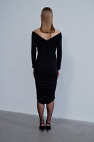 Nazlı Ceren-Jilou Drapeli Jarse Midi Elbise Noire-Elbise-4-Milagron.com