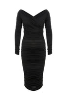 Nazlı Ceren-Jilou Drapeli Jarse Midi Elbise Noire-Elbise-5-Milagron.com