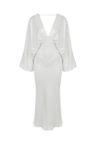 Nazlı Ceren-Mila V Yaka Saten Elbise Ecru-Elbise-1-Milagron.com