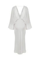 Nazlı Ceren-Mila V Yaka Saten Elbise Ecru-Elbise-2-Milagron.com