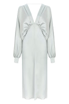 Nazlı Ceren-Mila V Yaka Saten Elbise Gri-Elbise-1-Milagron.com