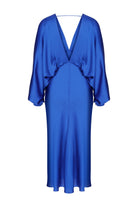 Nazlı Ceren-Mila V Yaka Saten Elbise Sax-Elbise-2-Milagron.com