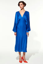 Nazlı Ceren-Mila V Yaka Saten Elbise Sax-Elbise-3-Milagron.com