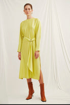 Nazlı Ceren-Ramel Saten Elbise Lime-Elbise-3-Milagron.com