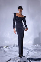 Nilgün Mirza-Kalonice Vücuda Oturan Göğsü Pile Detaylı Özel Tasarım Uzun Gece Elbisesi-Elbise-1-Milagron.com