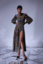 Nilgün Mirza-Karışık Leopar Desenli Ön Patı El İşlemeli Nakış Detayı Olan Uzun Elbise-Elbise-1-Milagron.com