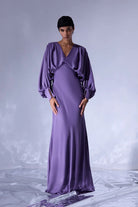 Nilgün Mirza-Krep Saten V Yaka Taşlar İle Süslenmiş Uzun Elbise-Elbise-1-Milagron.com