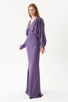 Nilgün Mirza-Krep Saten V Yaka Taşlar İle Süslenmiş Uzun Elbise-Elbise-4-Milagron.com