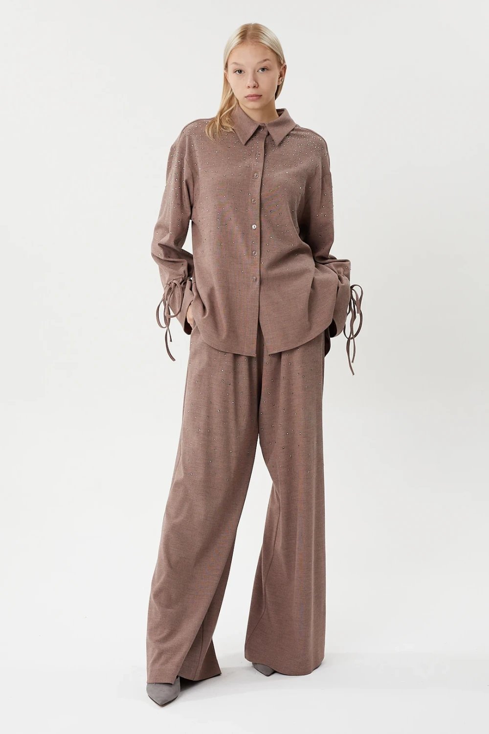 Nilgün Mirza-Kristal Taşlı Beli Lastikli Rahat Kalıp Pamuklu Kumaştan Pantolon-Pantolon-1-Milagron.com